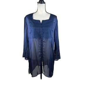 Chico’s Navy Blue Sheer Silk Blouse Embroidered chest Size 3 Button Front